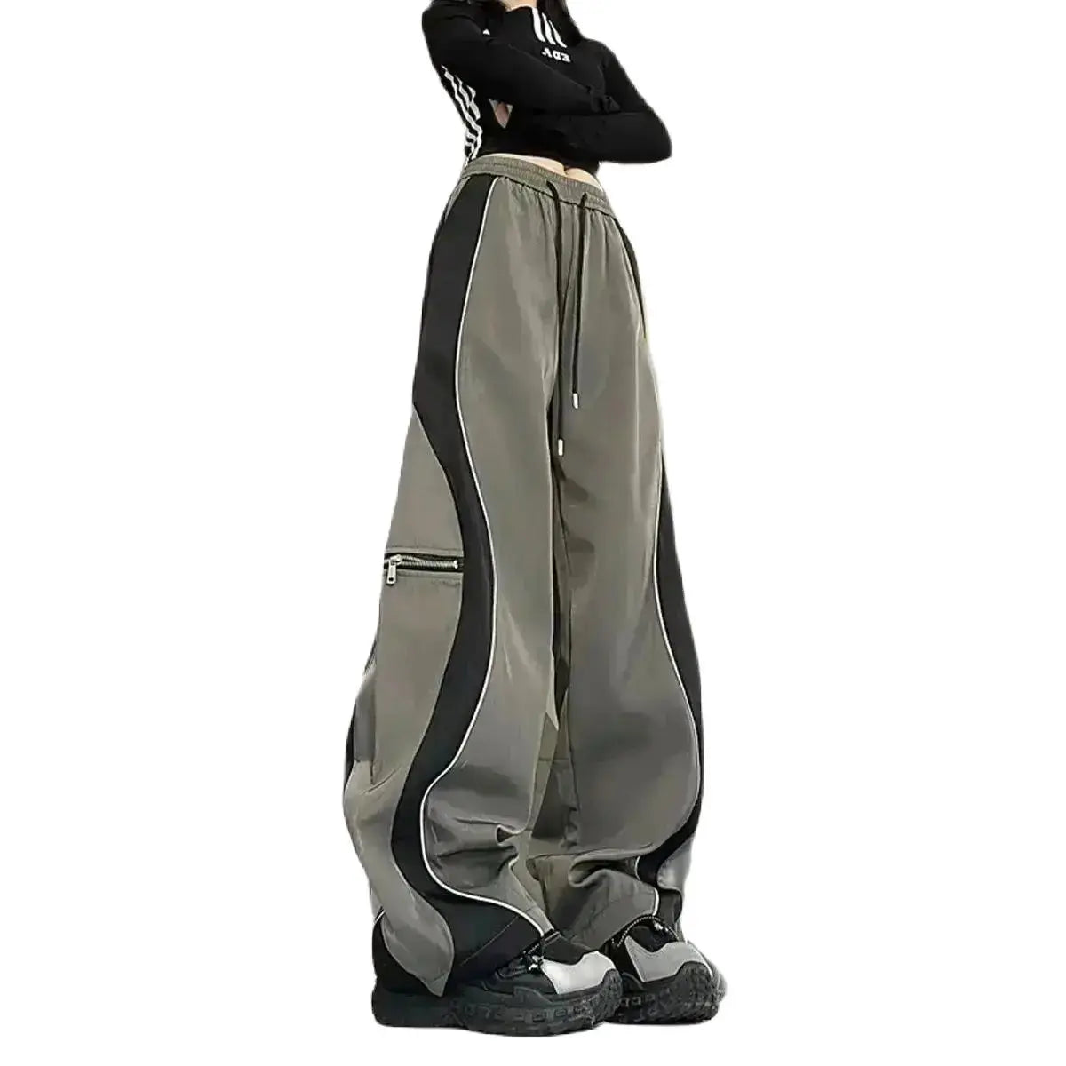 Y2K Line Design Pant Women Drawstring Pockets Wide Leg Chic Punk Pants Baggy Striped Sports Sweatpants Parachute Jogger Trousers