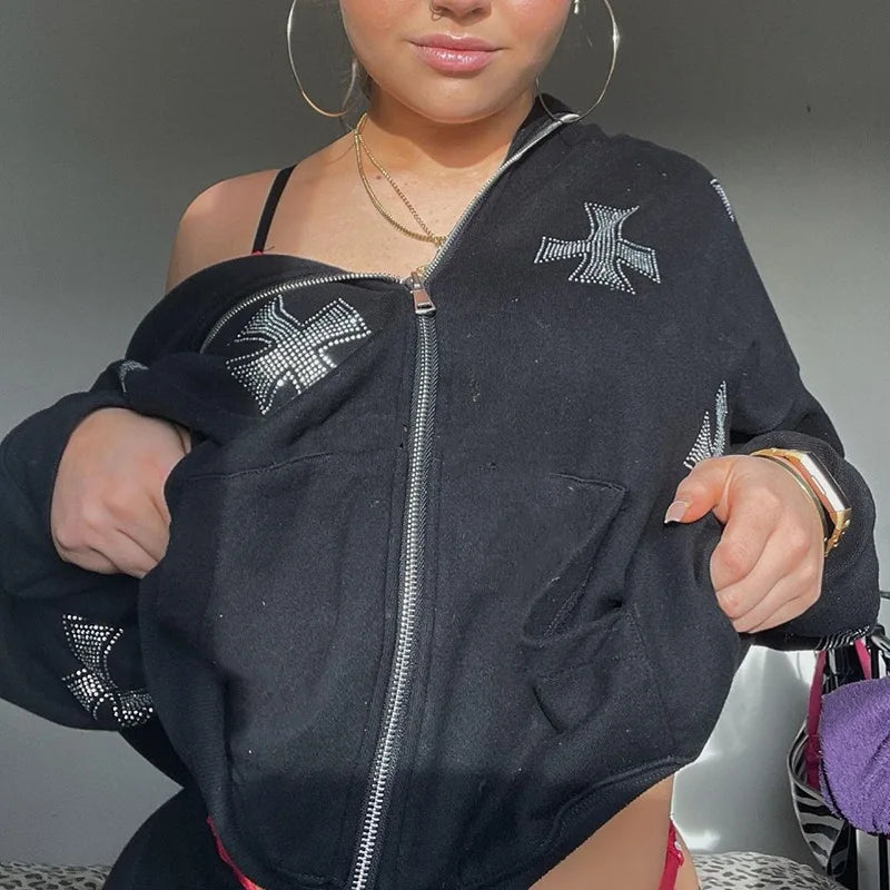 Rhinestone Full Zip Hoodie Goth Sweatshirt Pull Long Sleeve Black Hoodies Y2k Fashion Men's Women's Sport Jackets Coats New 2023