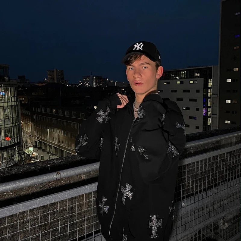 Rhinestone Full Zip Hoodie Goth Sweatshirt Pull Long Sleeve Black Hoodies Y2k Fashion Men's Women's Sport Jackets Coats New 2023