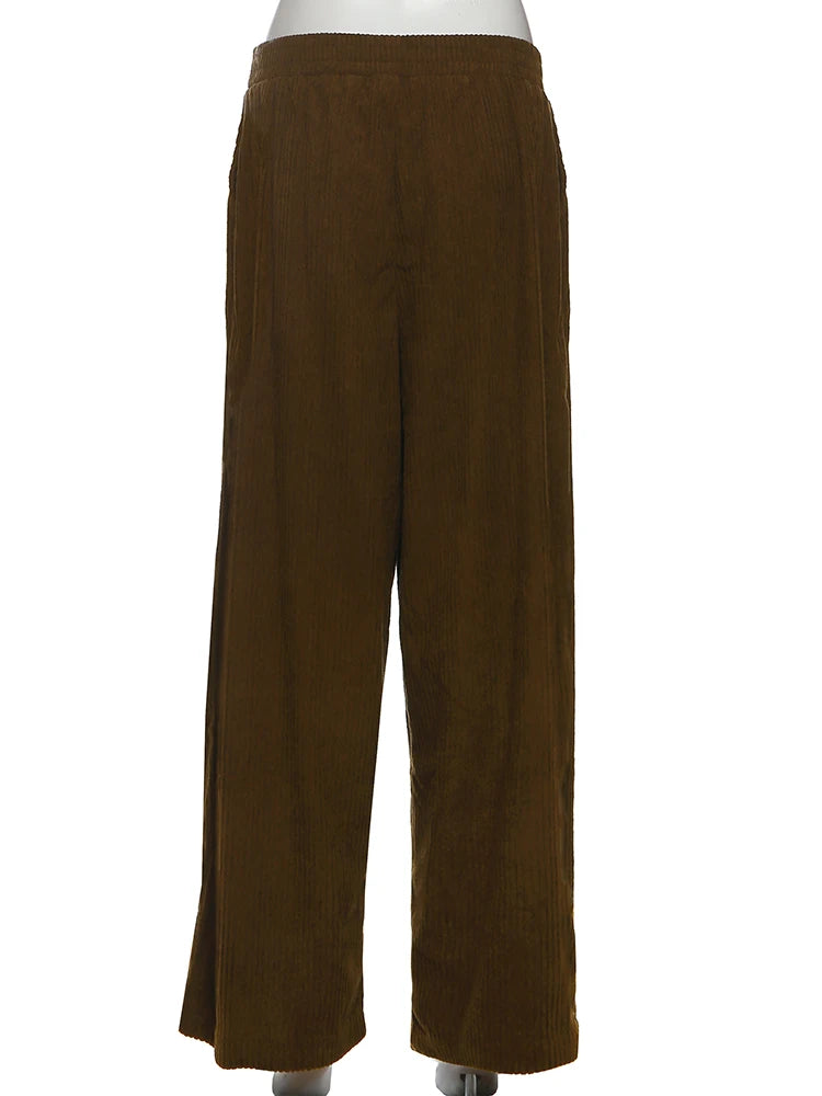 Weird Puss Y2K Casual Wide-Leg Pants Women Autumn Loose Simple Basic Pocket High Waist Trousers Corduroy Streetwear Long Bottoms