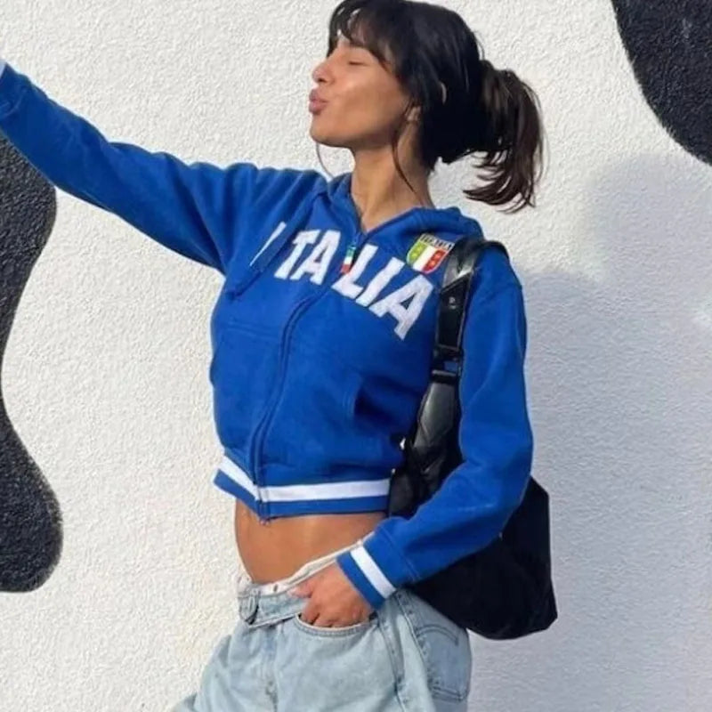 ITALIA Embroidered Jacket Hoodies Autumn Retro Fashion Zipper Hoodie Women Men Streetwear Hip Hop Casual Zip Up Sweatshirt Coat