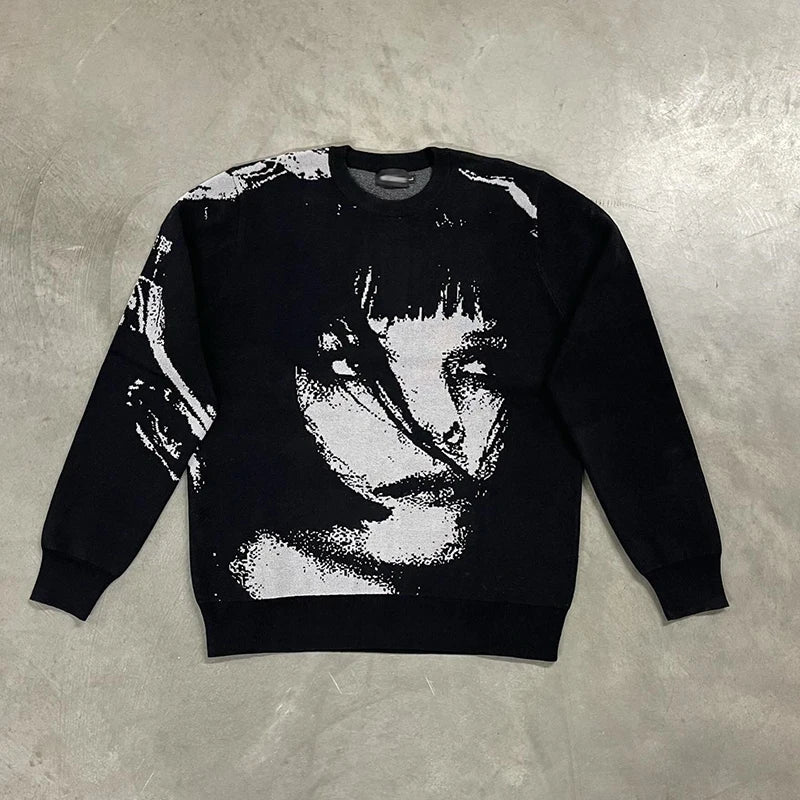 New Hip Hop Streetwear Knitted Sweater men Gothic portrait Print Pullover autumn Harajuku Cotton sweater women Oversized Sweater
