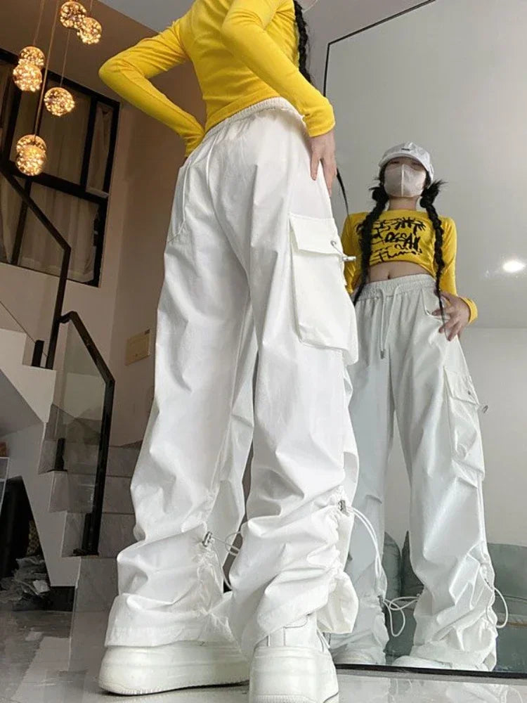 2025 Hip Hop Style White Y2k Baggy Kpop Pleated Trousers Cargo Parachute Pants Oversized Korean Streetwear Wide Leg Joggers 90s