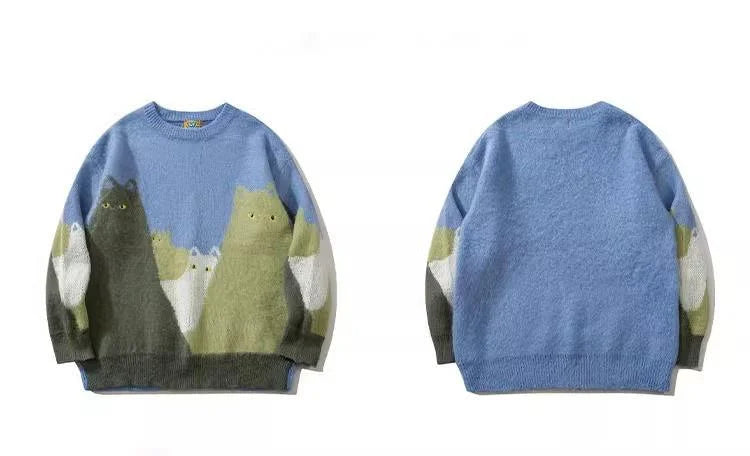 Cartoon Cat Graphic Knitted Sweater Men Oversized Hip Hop Streetwear Autumn Winter Pullover Black Loose Casual Jumper