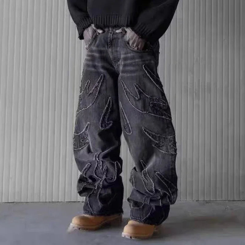 Street Gothic Retro High Waisted Wide Leg Trousers 2025 Y2k Hip Hop Baggy Jeans Men's Street Fashion Raw Edge Embroidered Jeans