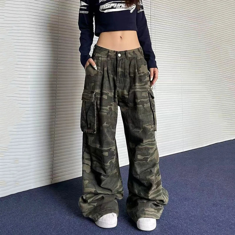 Y2K American Retro Camo Cargo Pants Female High Waist Oversized Pockets Wide Leg Pants Bf Hip Hop Streetwear Straight Trousers
