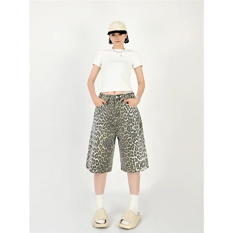 Women's Shorts Denim Leopard Print High Waisted Straight Leg Pants Street Harajuku Y2K Retro Versatile Fashion Wide Leg Jeans