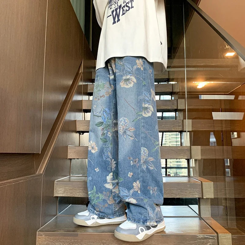 American High Street Floral Printed Jeans For Men 2026 New Y2K Vintage Denim Trousers Hip Hop Fashion Wide-leg Baggy Jean Pants