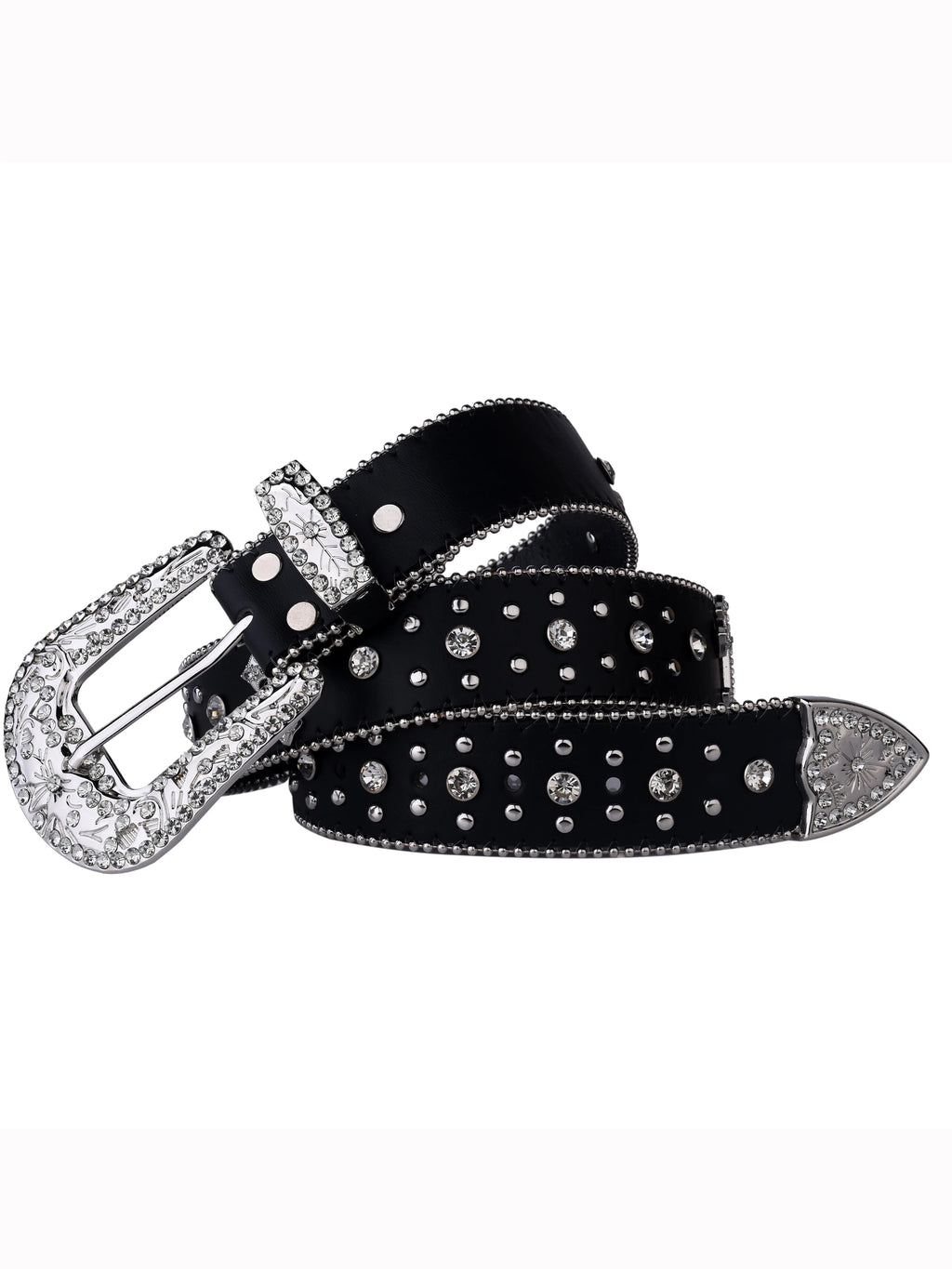 Black Cross Rivet Belt Engraved Buckle Rhinestone Decor PU Belt Hip Hop Jeans Pants Belt Punk Western Cowboy Cowgirl Belts