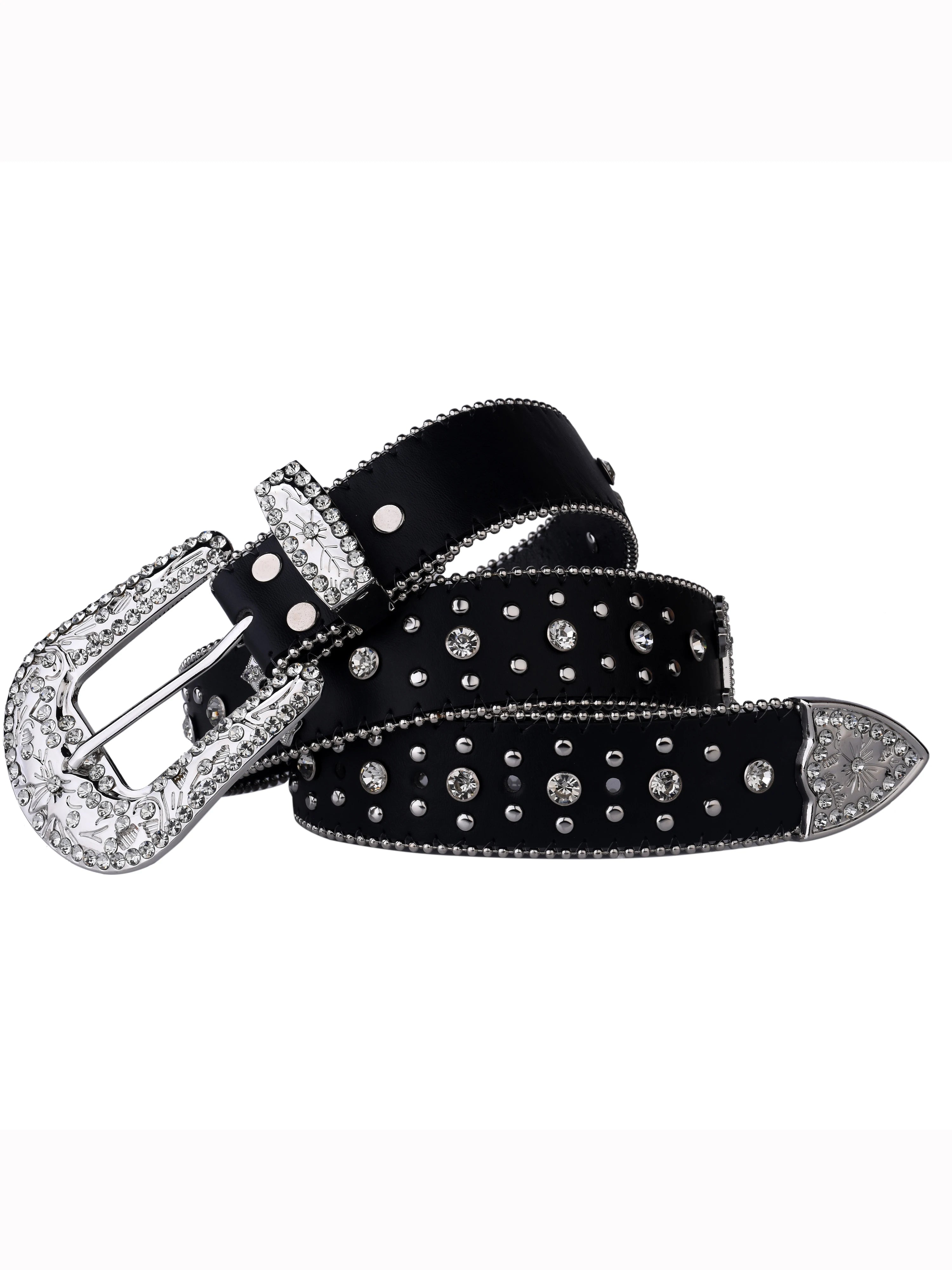 Black Cross Rivet Belt Engraved Buckle Rhinestone Decor PU Belt Hip Hop Jeans Pants Belt Punk Western Cowboy Cowgirl Belts