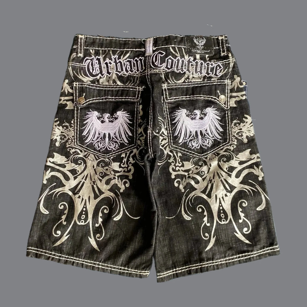 Streetwear Denim Shorts Mens Embroidery American Hip Hop Printed Loose Shorts Gothic Retro Harajuku Fashion Y2K New Shorts