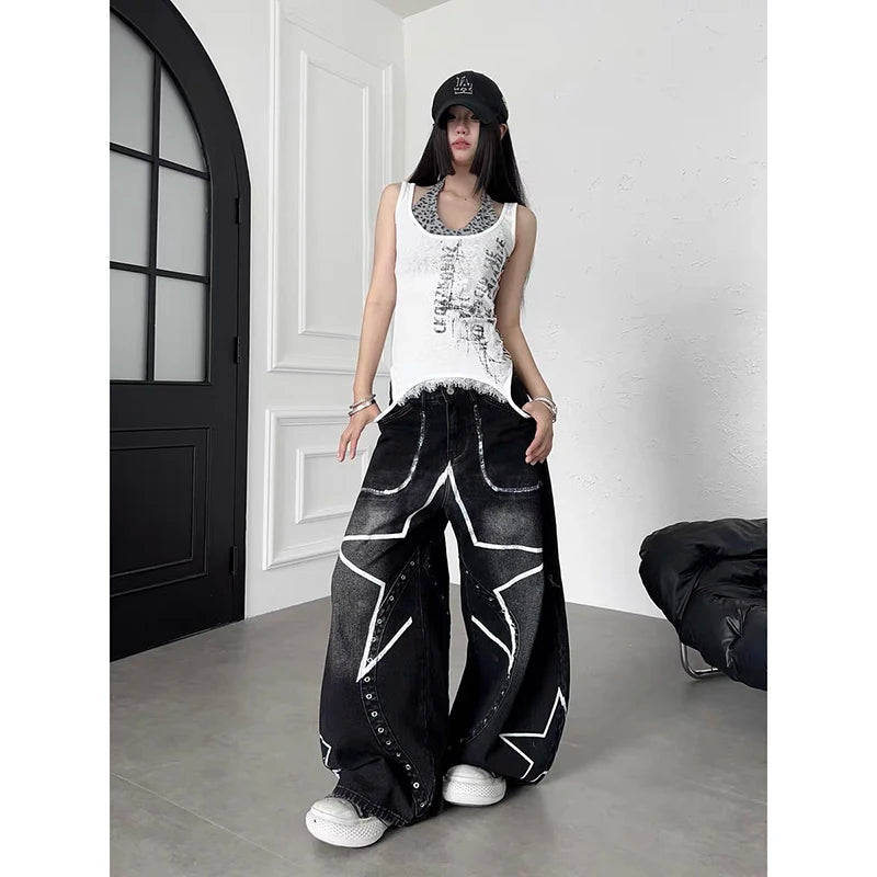YIBASHU Women's Black Gothic Emo Y2k Gyaru Baggy Jeans Oversize Denim Trousers Vintage Harajuku Grunge Star Wide Leg Jean Pants