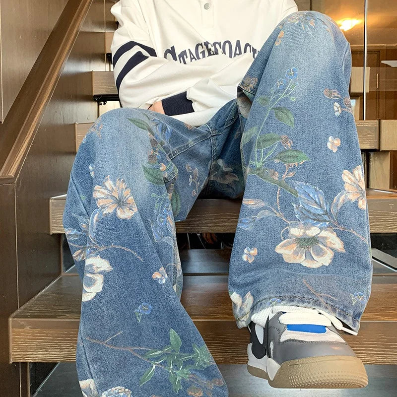 American High Street Floral Printed Jeans For Men 2026 New Y2K Vintage Denim Trousers Hip Hop Fashion Wide-leg Baggy Jean Pants