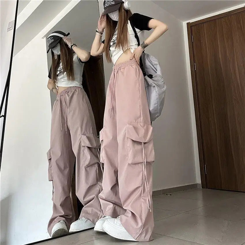 American Women's Overalls Retro Quick Drying Summer High Straight Wide Leg Streamers Loose Casual Floor Length Trousers Trend
