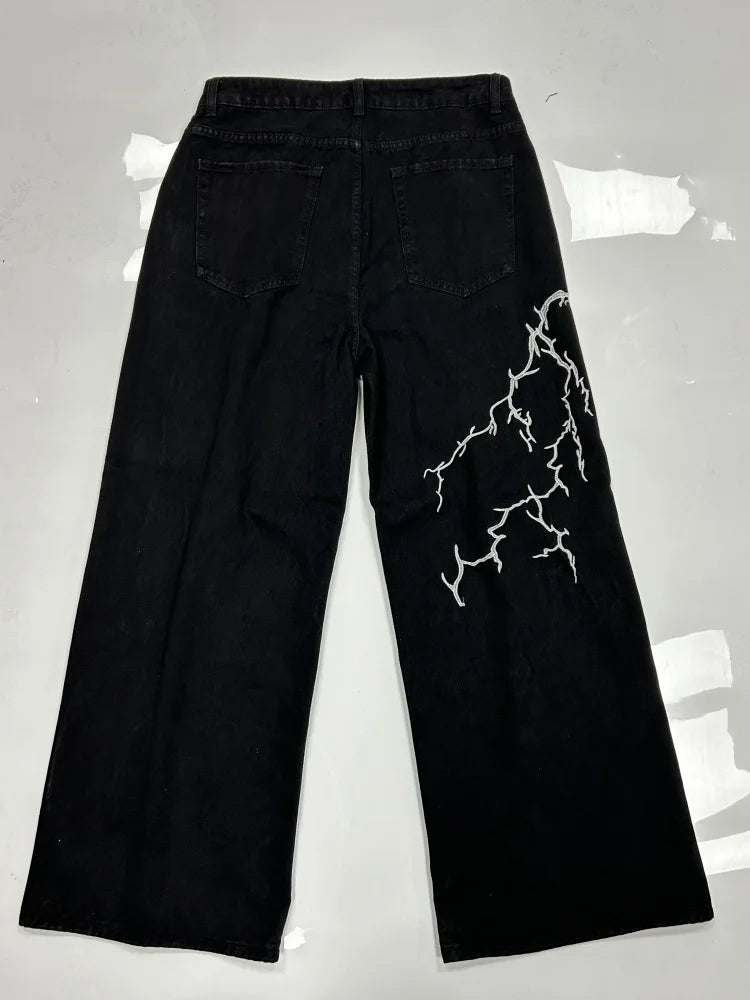 Y2k Fashion Baggy Jeans Black Men's Streetwear Straight Oversize Wide-leg Pants Vintage Lightning Pattern Loose Denim Trousers