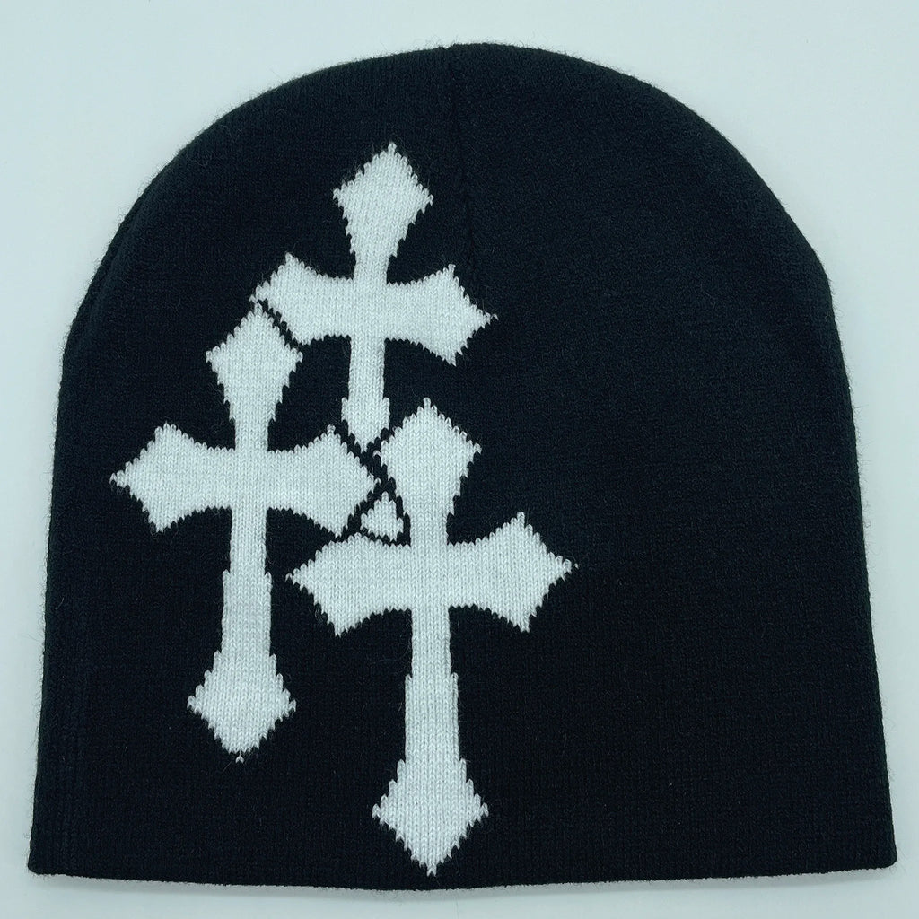 Y2K Crucifix Jacquard Knitted Hat, European and American Popularity Hip Hop Hat, Street Trend Fashion Personality Adult Hat