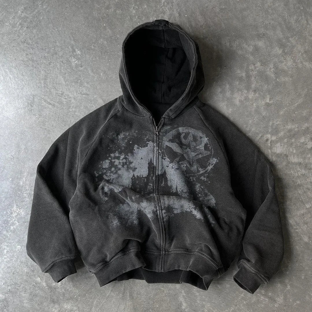 British Gothic Punk Printed Star Patch Embroidery Mens Womens Hooded Cardigan Harajuku Retro American Oversized Bat Sleeve Tops
