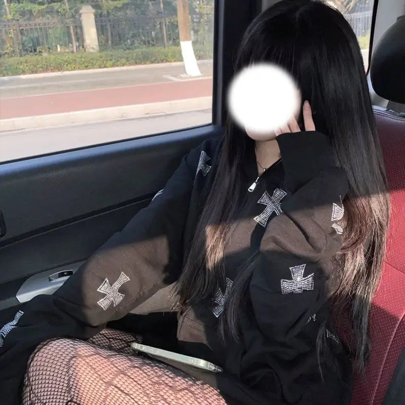 Rhinestone Full Zip Hoodie Goth Sweatshirt Pull Long Sleeve Black Hoodies Y2k Fashion Men's Women's Sport Jackets Coats New 2023