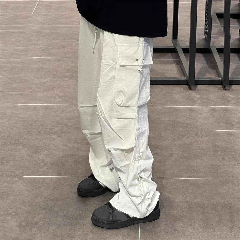 2025 Hip Hop Style White Y2k Baggy Kpop Pleated Trousers Cargo Parachute Pants Oversized Korean Streetwear Wide Leg Joggers 90s