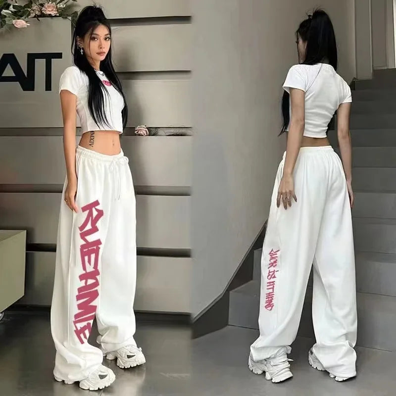 High Waist Hip-hop Sports Pants for Women Street Dance Y2K Letter Print Vintage Trousers Summer New Kids Fashion