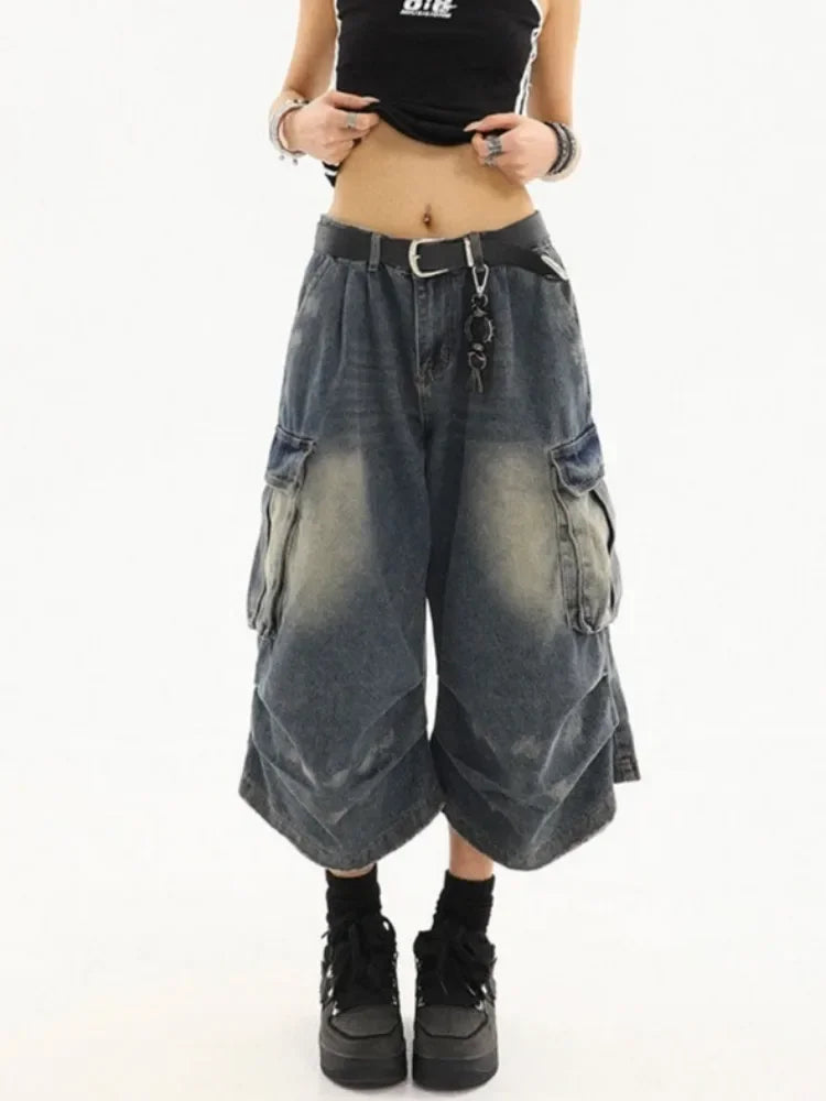 High Waist  Retro Blue Washed Denim Shorts Women's Harajuku Vintage Fashion Casual Loose Y2K Streetwear Wide Leg Cropped Pants