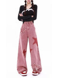 American Retro Jeans Five-point Star Raw Edge Splicing Loose Wide-leg Jeans Women Look Thin Trendy All-match Mopping Pants Women