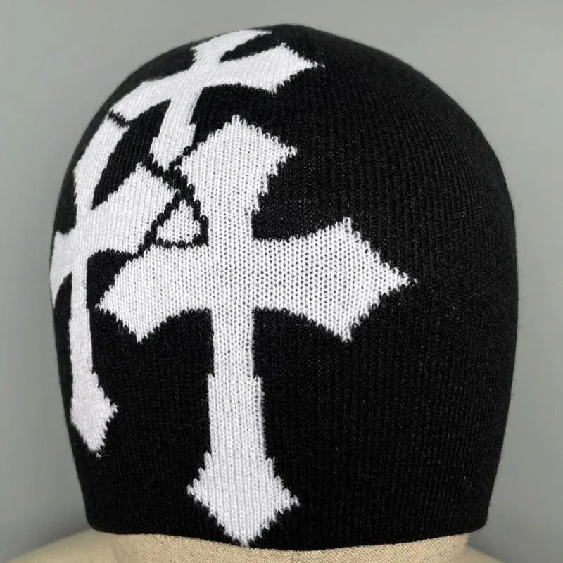 Y2K Crucifix Jacquard Knitted Hat, European and American Popularity Hip Hop Hat, Street Trend Fashion Personality Adult Hat