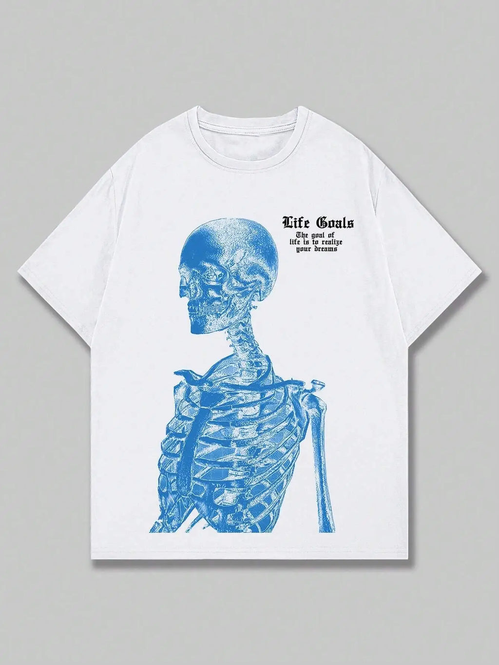 Blue Skeleton Man Life Goals Letter Printing Women T-Shirts Summer O-Neck Cotton Tops Street Fashion Tees Loose Soft Clothes