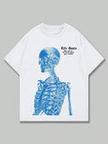Blue Skeleton Man Life Goals Letter Printing Women T-Shirts Summer O-Neck Cotton Tops Street Fashion Tees Loose Soft Clothes