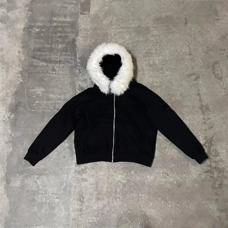 Y2K Zip up hoodie Faux Fur Collar Harajuku Rock Goth Top Retro Punk Loose Jacket Hip Hop Streetwear Zipper Hoodie sweatshirt EMO