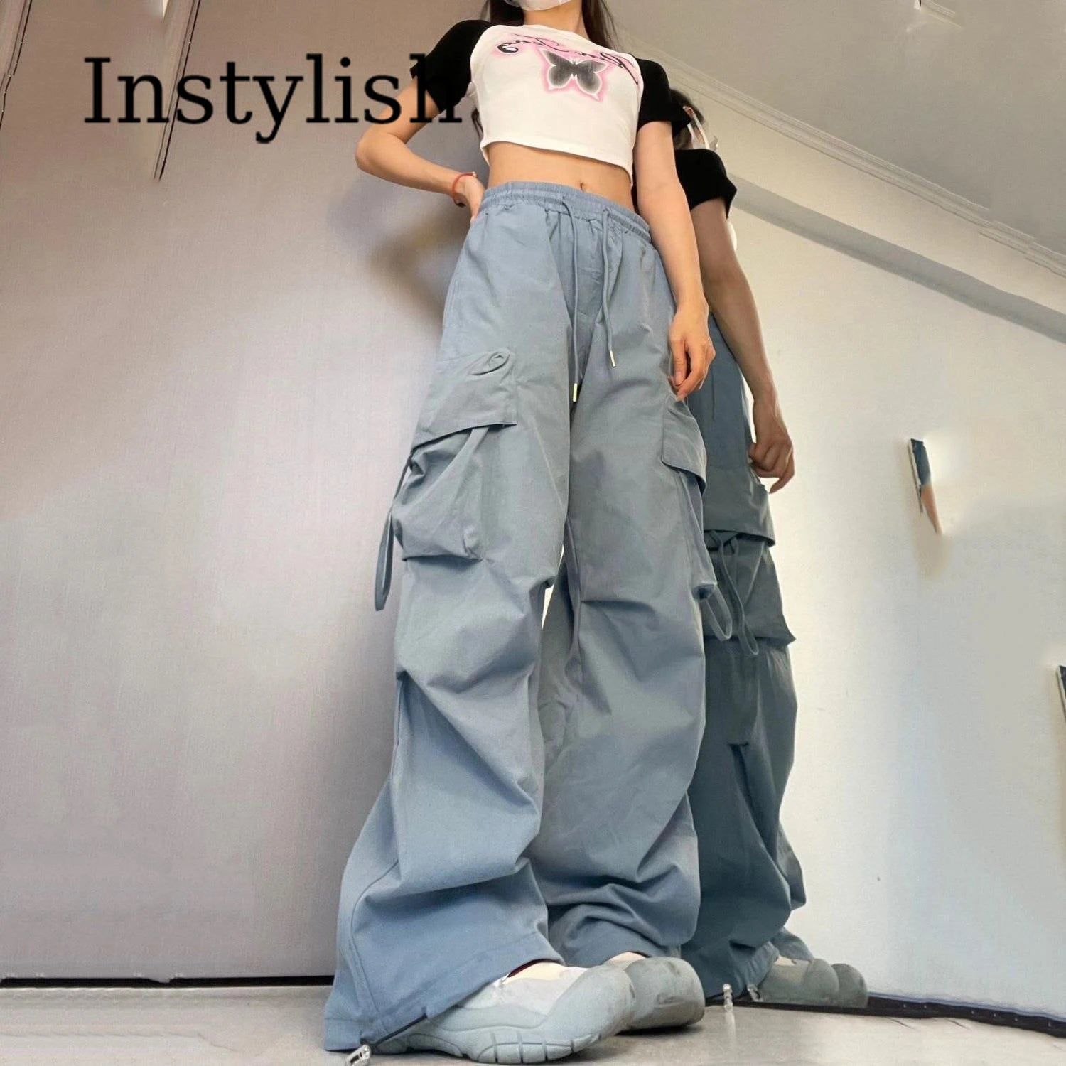 American Women's Overalls Retro Quick Drying Summer High Straight Wide Leg Streamers Loose Casual Floor Length Trousers Trend