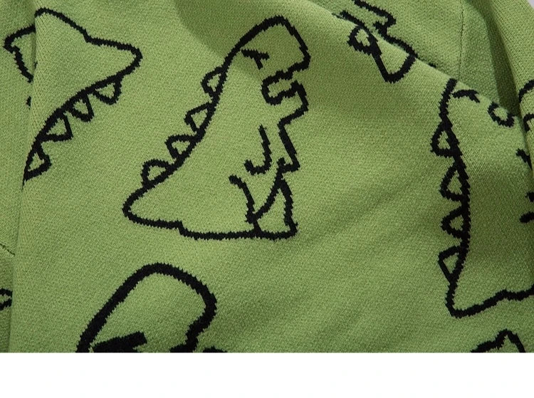 Men Streetwear Cartoon Dinosaur Sweater Hip-hop Loose Fit Round Neck Knitwear All-over Print Pullover Casual Sweater Men Women