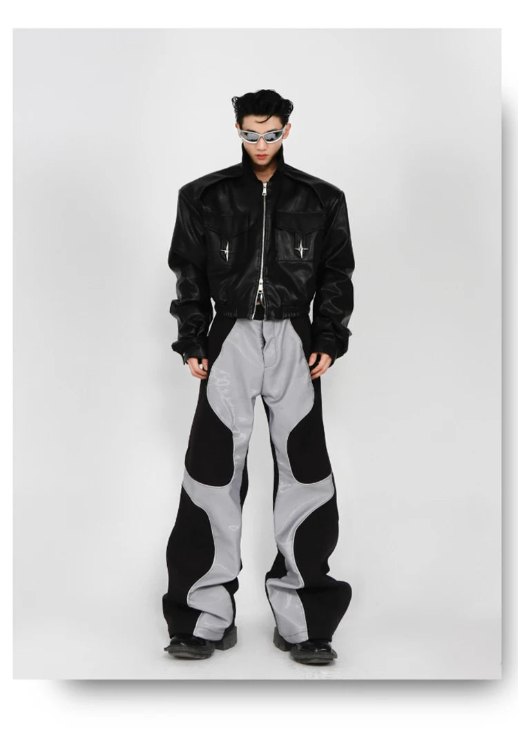 Mauroicardi Spring Autumn Cool Long Loose Casual Soft Patchwork Pu Leather Pants Men Luxury Designer Clothing Trousers 2023
