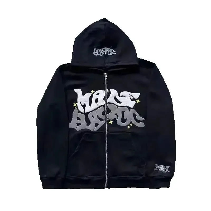 2026 European and American Fashion Fleece Print Zippered Hooded Sweatshirt for Men and Women, Casual Multi-Functional Sports Top