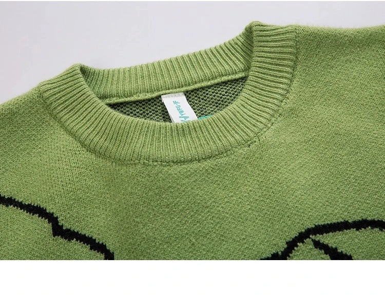 Men Streetwear Cartoon Dinosaur Sweater Hip-hop Loose Fit Round Neck Knitwear All-over Print Pullover Casual Sweater Men Women