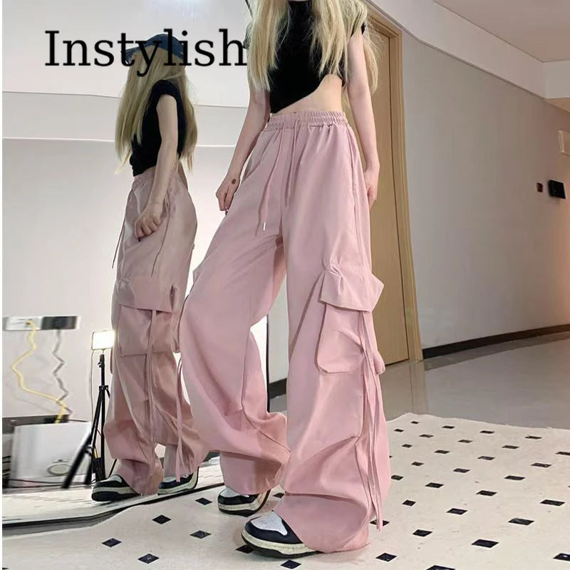 American Women's Overalls Retro Quick Drying Summer High Straight Wide Leg Streamers Loose Casual Floor Length Trousers Trend