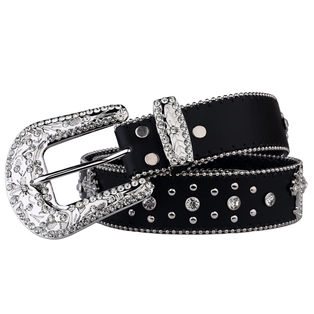 Black Cross Rivet Belt Engraved Buckle Rhinestone Decor PU Belt Hip Hop Jeans Pants Belt Punk Western Cowboy Cowgirl Belts