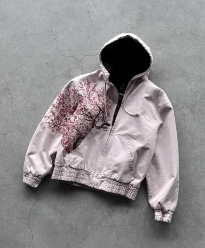Harajuku Plum Tree Embroidered Oversized Pink Zipper Hoodies For Men and Women Y2K New Gothic Fashion Retro Street Sweatshirts