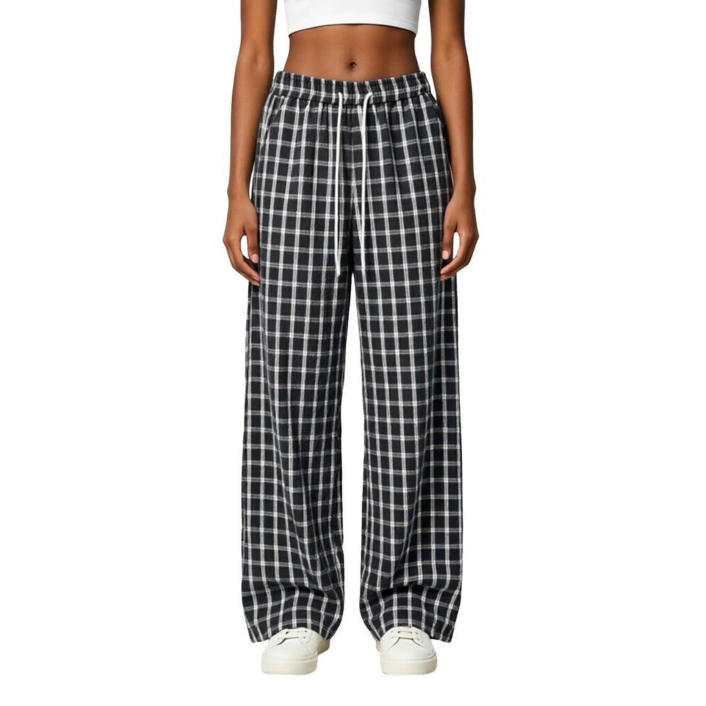 Women Plaid Straight Wide Leg Pants Drawstring Elastic Waist Loose Comfy Fit Casual Trendy Daily All Season Trousers Streetwear