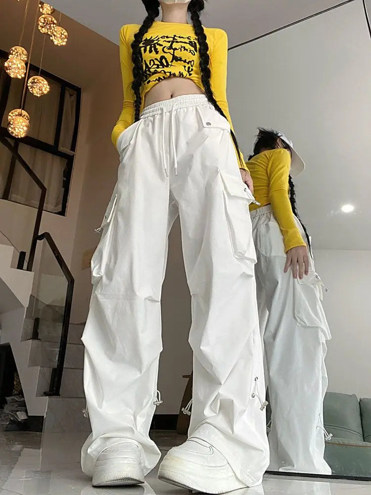 2025 Hip Hop Style White Y2k Baggy Kpop Pleated Trousers Cargo Parachute Pants Oversized Korean Streetwear Wide Leg Joggers 90s