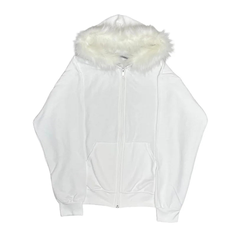 Y2K Zip up hoodie Faux Fur Collar Harajuku Rock Goth Top Retro Punk Loose Jacket Hip Hop Streetwear Zipper Hoodie sweatshirt EMO