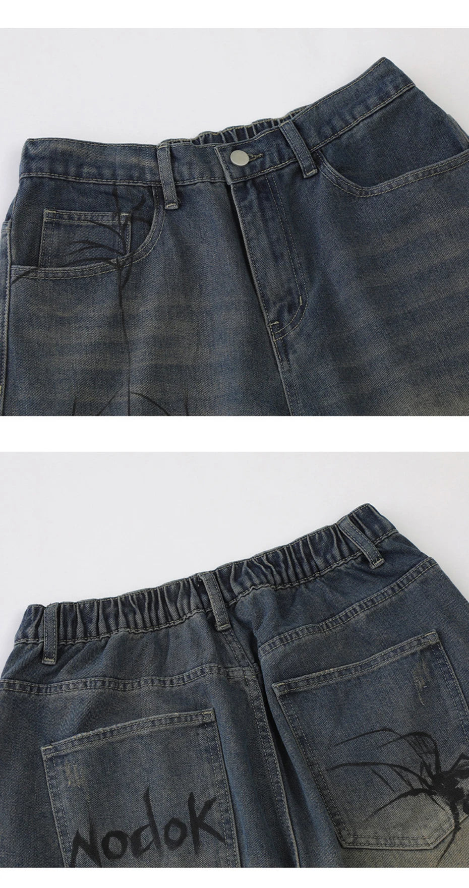 Y2K Blue Denim Shorts Spider Cobweb Printed Summer Loose Casual Jeans Shorts Fashion Harajuku Hip Hop Streetwear Shorts for Men