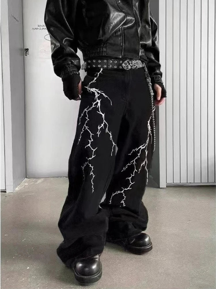 Y2k Fashion Baggy Jeans Black Men's Streetwear Straight Oversize Wide-leg Pants Vintage Lightning Pattern Loose Denim Trousers