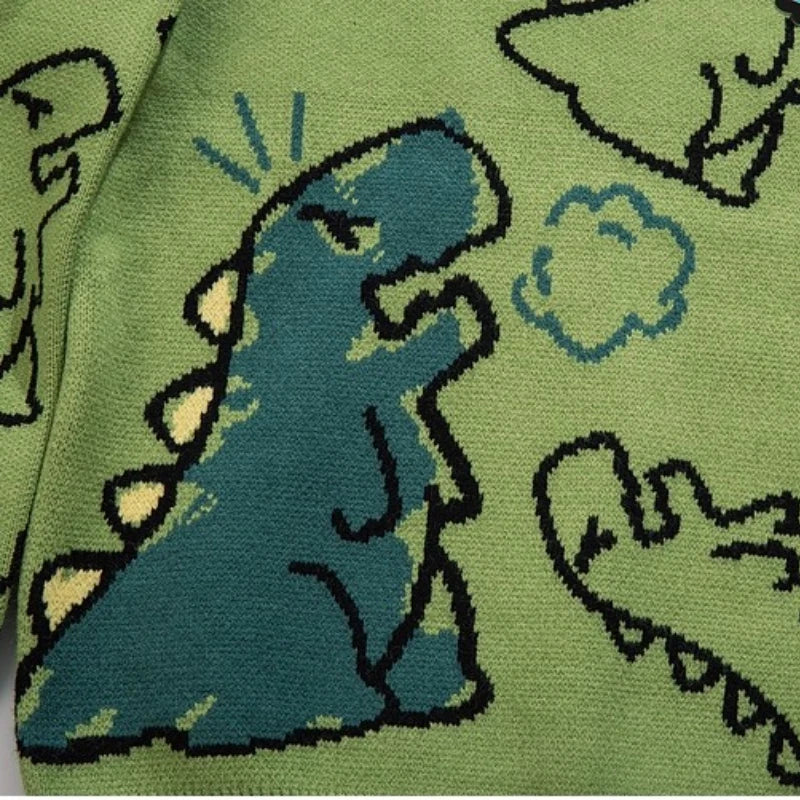 Men Streetwear Cartoon Dinosaur Sweater Hip-hop Loose Fit Round Neck Knitwear All-over Print Pullover Casual Sweater Men Women