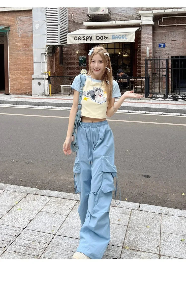 American Women's Overalls Retro Quick Drying Summer High Straight Wide Leg Streamers Loose Casual Floor Length Trousers Trend