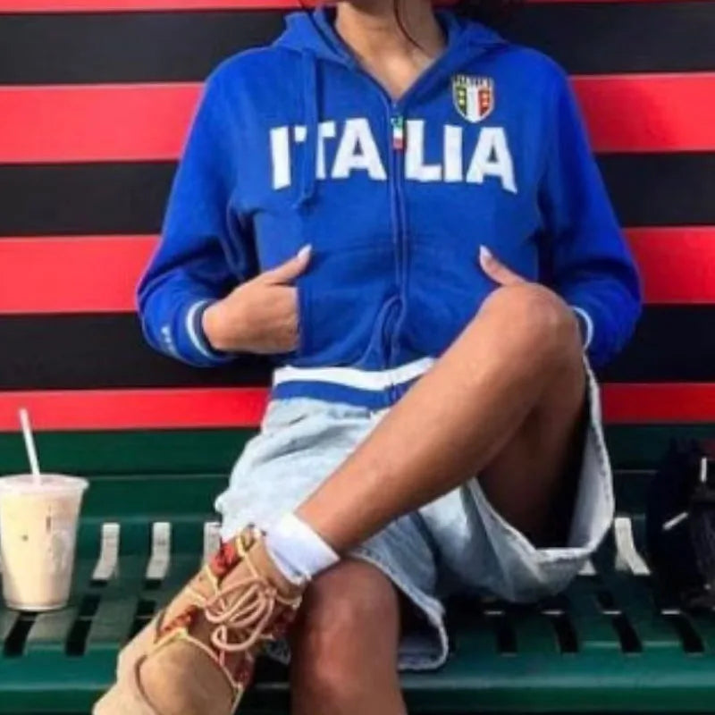 ITALIA Embroidered Jacket Hoodies Autumn Retro Fashion Zipper Hoodie Women Men Streetwear Hip Hop Casual Zip Up Sweatshirt Coat