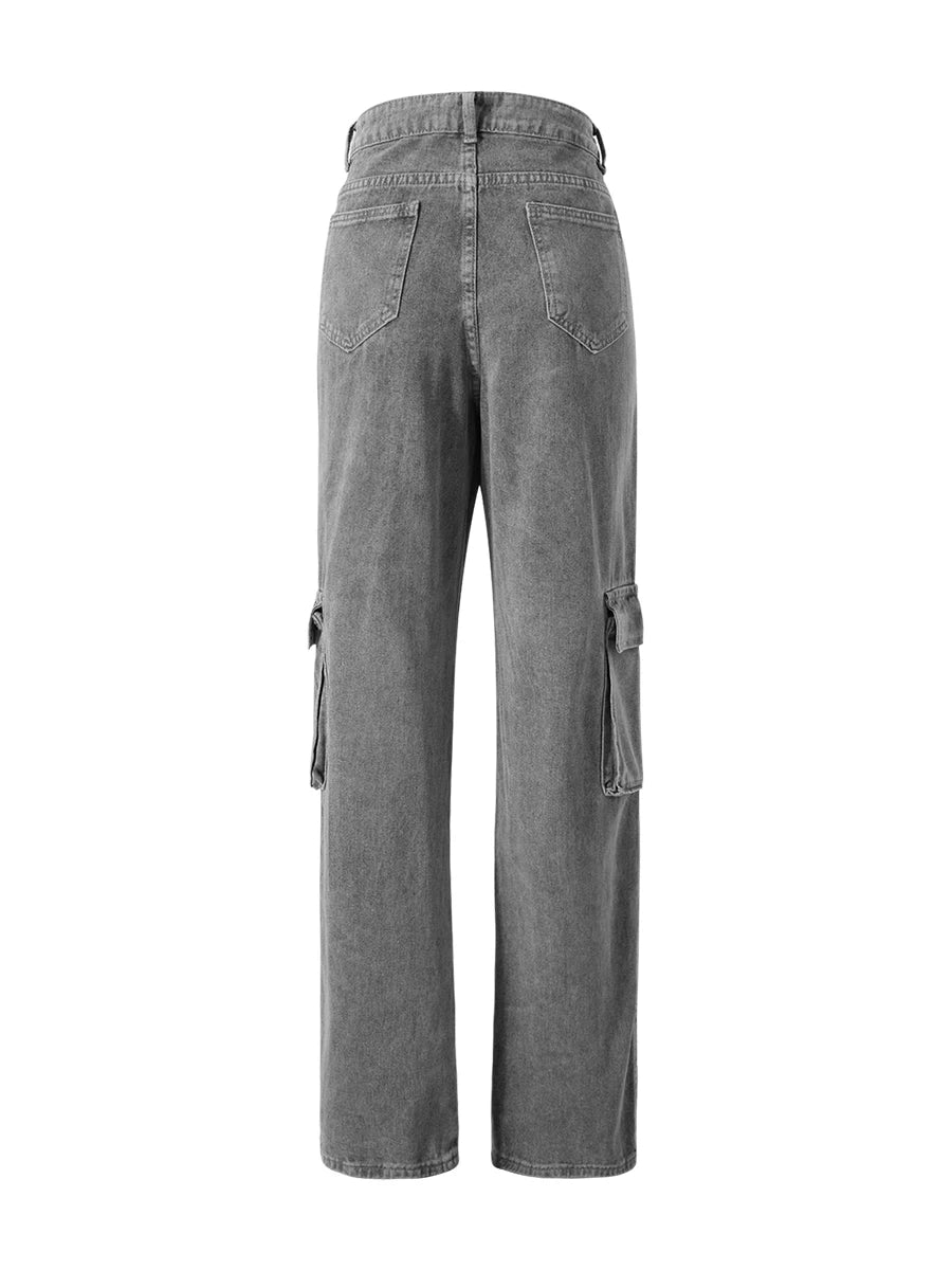 Combhasaki Women's Y2K Grunge Vintage Button Low Waist Cargo Straight Denim Pants Star Print Street Long Trousers with Pockets