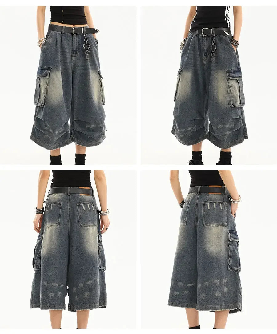 High Waist  Retro Blue Washed Denim Shorts Women's Harajuku Vintage Fashion Casual Loose Y2K Streetwear Wide Leg Cropped Pants