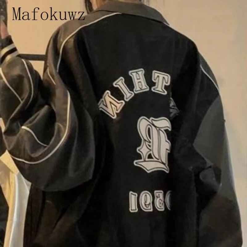 American Embroidery Color Matching Motorcycle PU Leather Jacket Couple Loose Casual High Street Jackets Overcoat Male Clothes