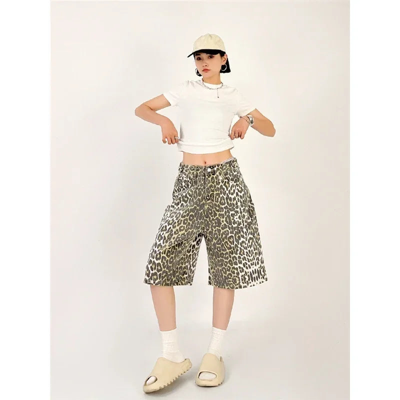 Women's Shorts Denim Leopard Print High Waisted Straight Leg Pants Street Harajuku Y2K Retro Versatile Fashion Wide Leg Jeans